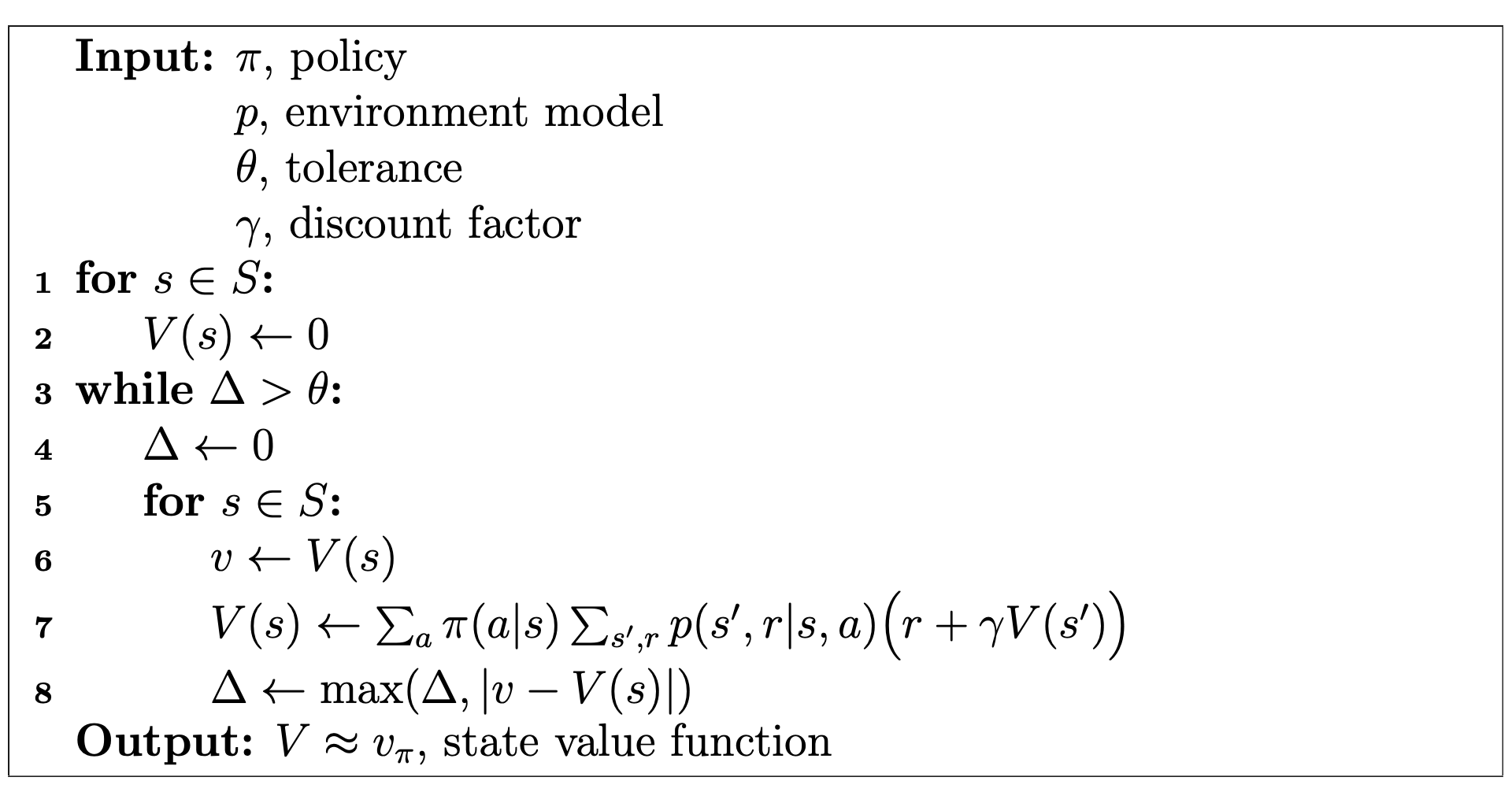 Policy evaluation pseudocode