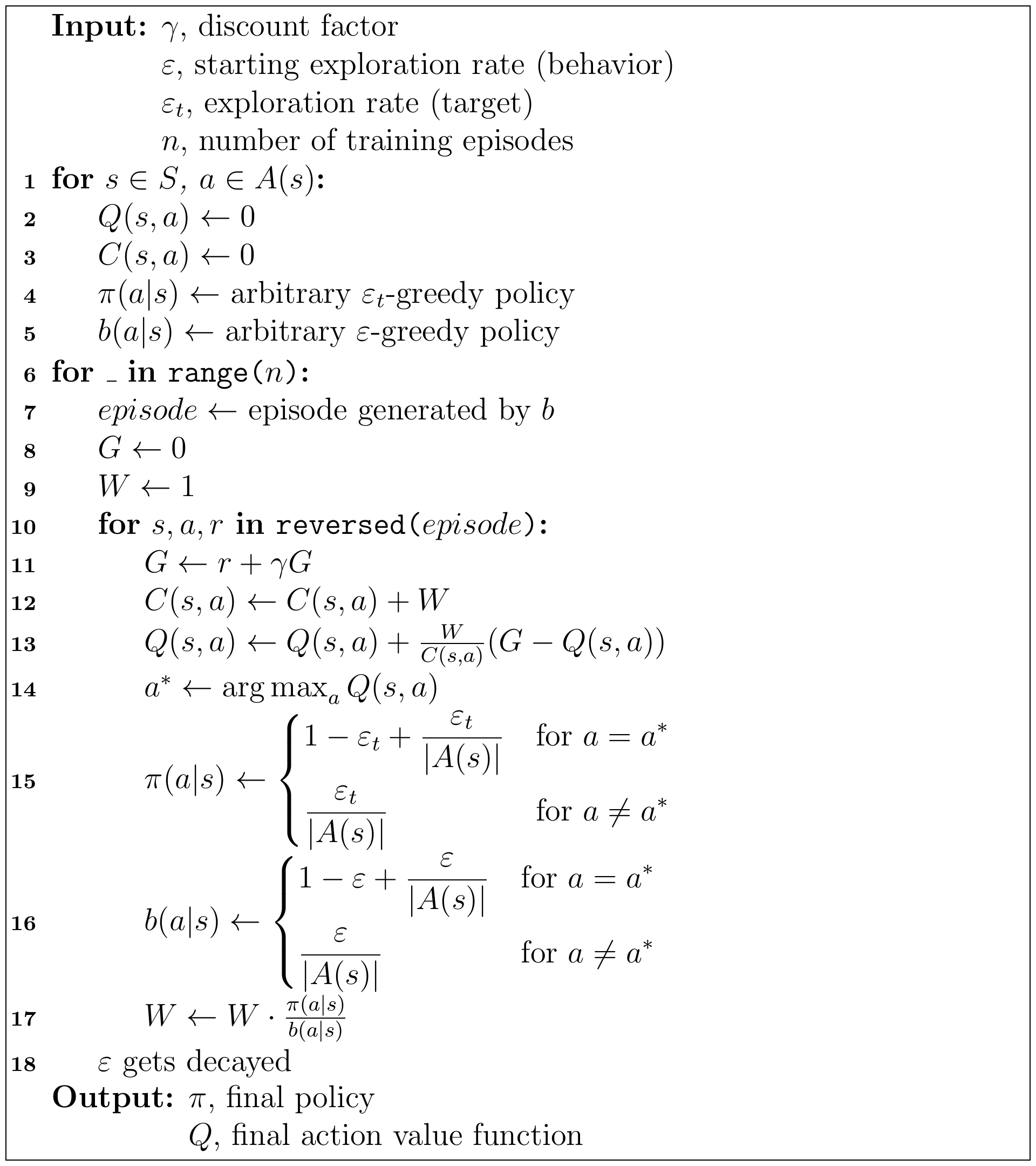 Incremental off-policy Monte Carlo control pseudocode