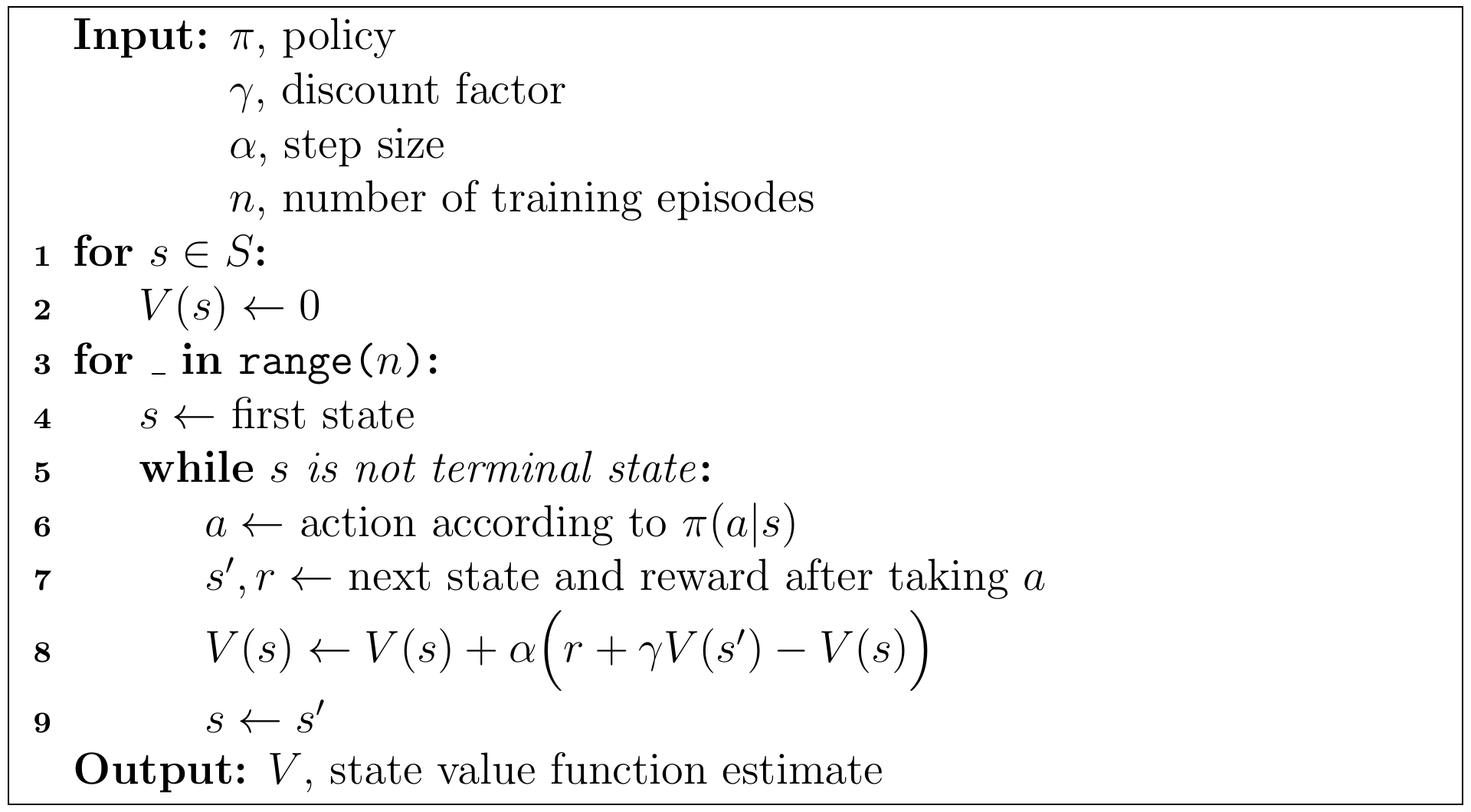 TD(0) for state value estimation pseudocode