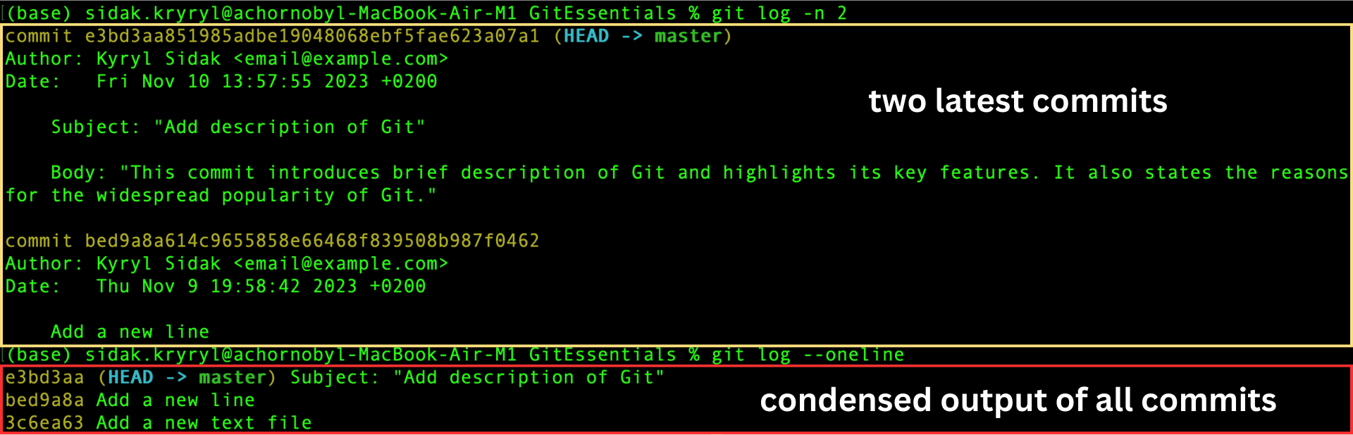 Dos commits más recientes y salida condensada de todos los commits