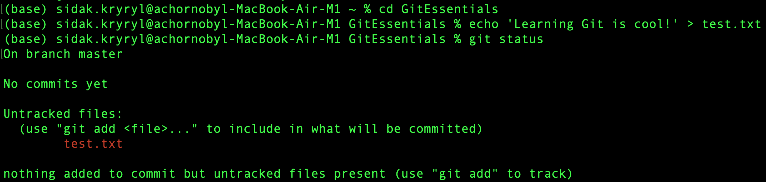 There is now a file in the working tree, but it is currently untracked ...