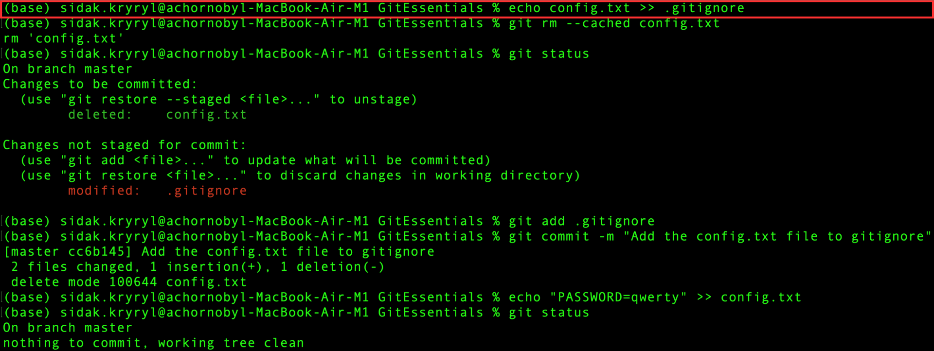Agregando archivo de configuración a .gitignore