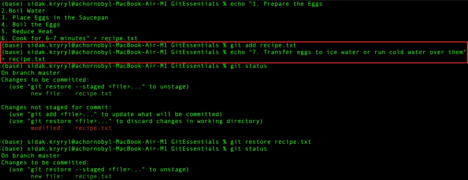 Agregando y modificando el archivo recipe.txt