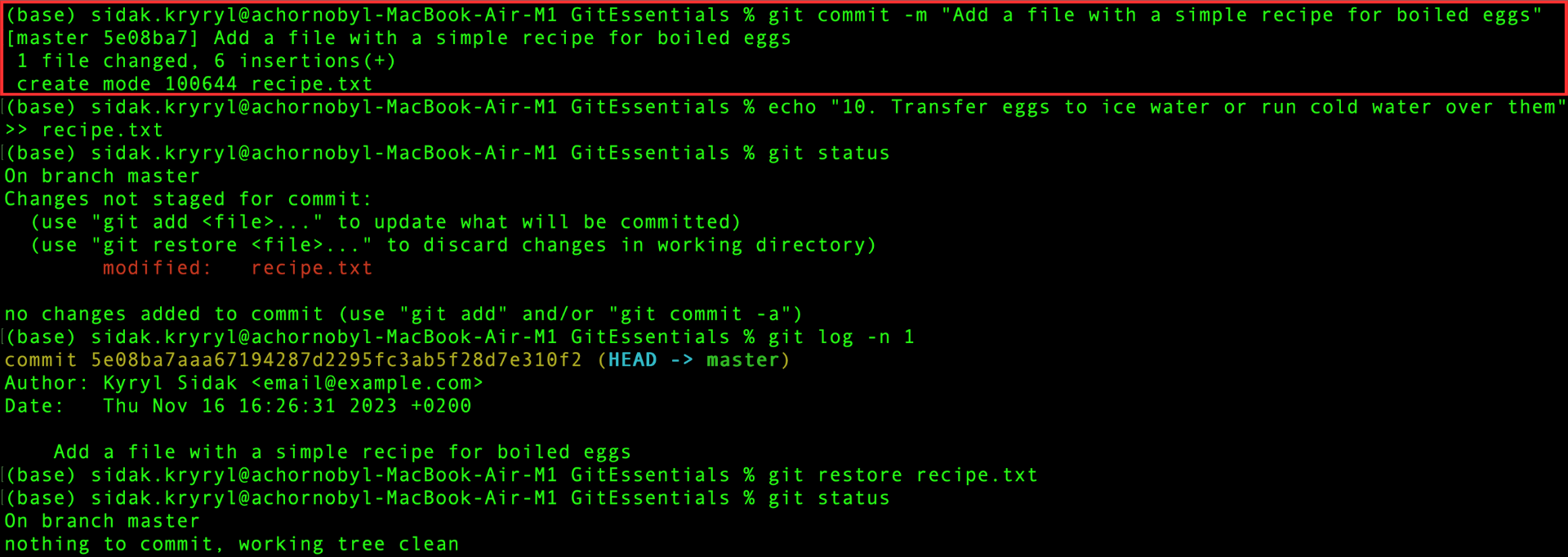 Registrando el archivo recipe.txt