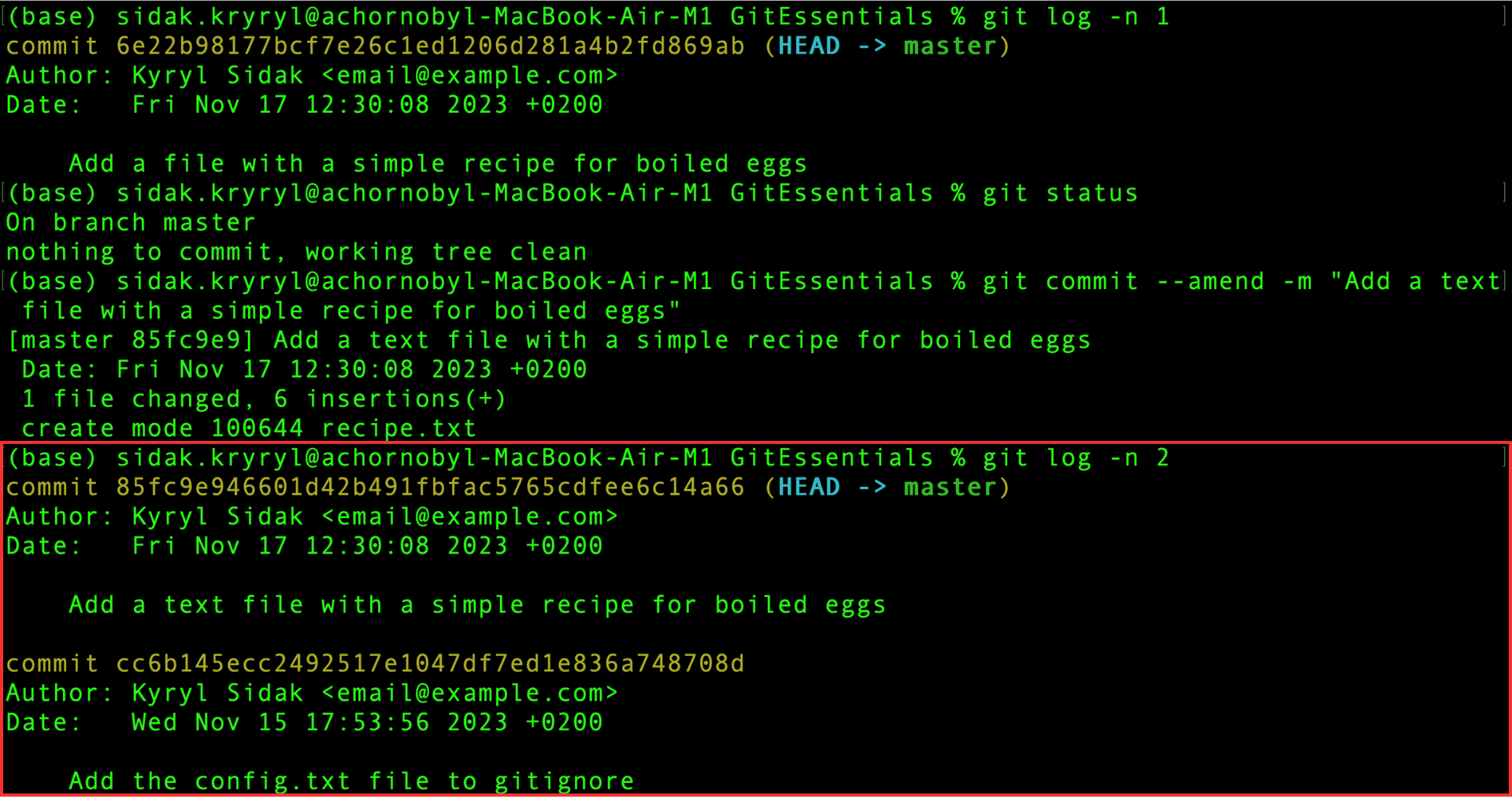 Dos commits más recientes