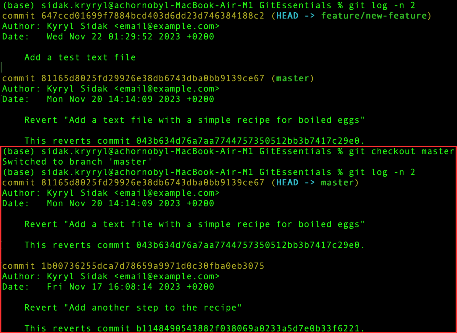 Alternando para o master e exibindo os dois commits mais recentes