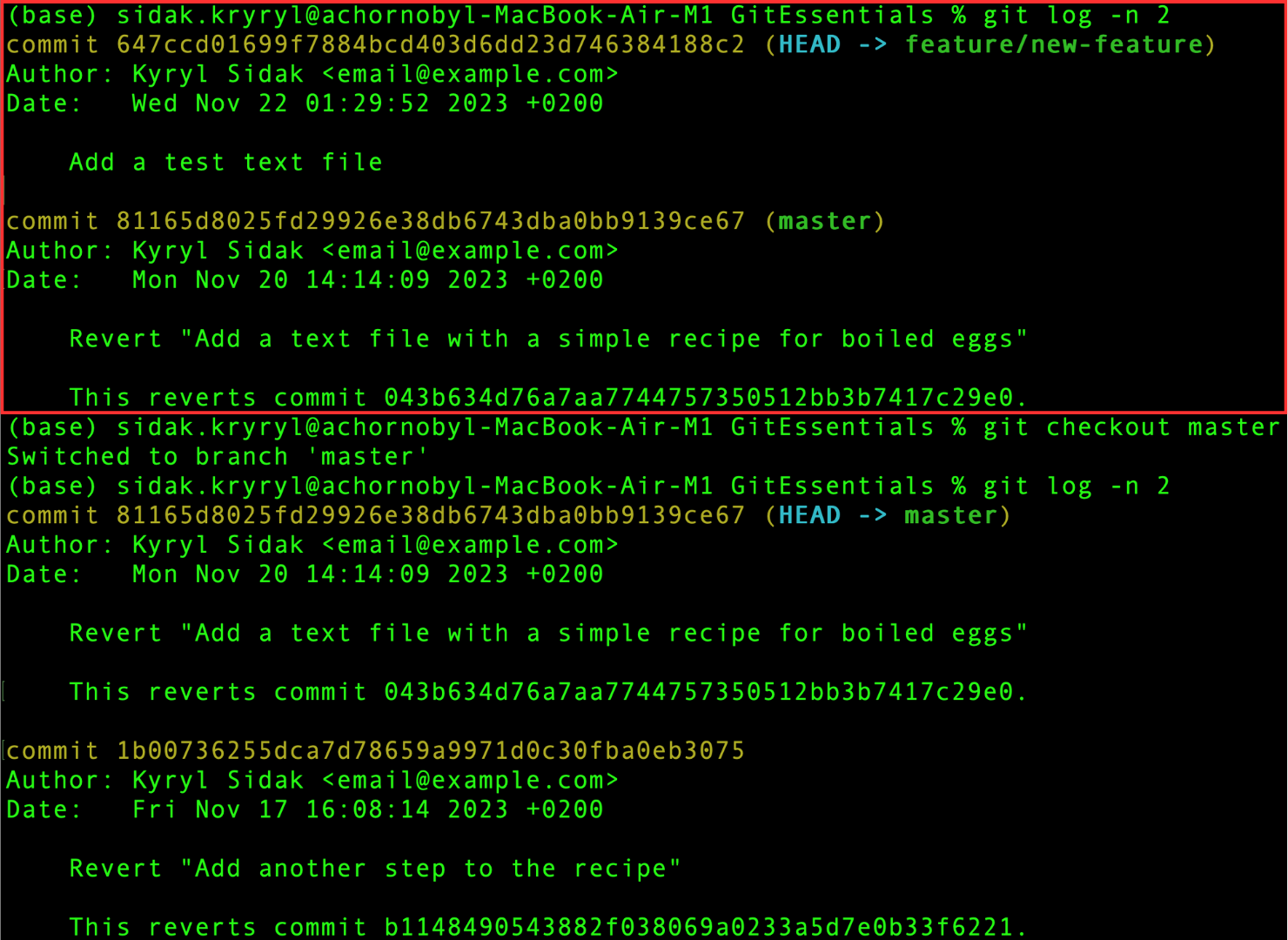 Dois commits mais recentes na branch de feature