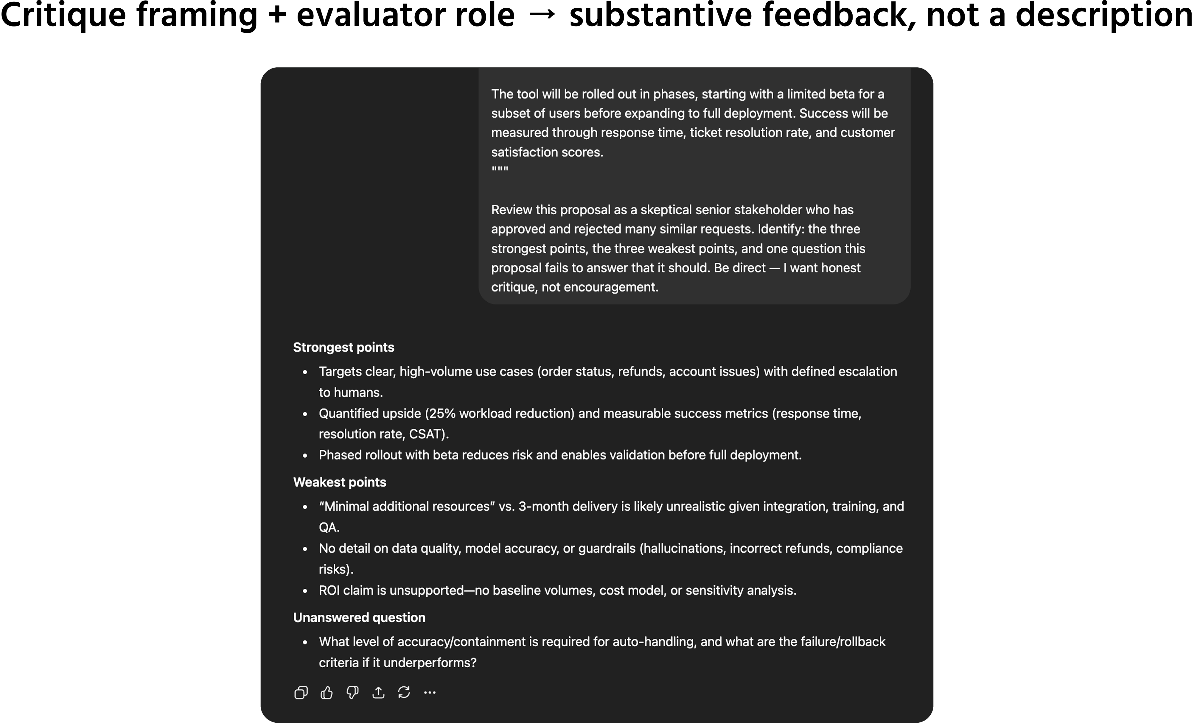 Screenshot description: A chat window showing a document review prompt in action. The user pastes a short fictional project proposal (around 150 words, clearly labeled as an example) and sends: Review this proposal as a skeptical senior stakeholder who has approved and rejected many similar requests. Identify: the three strongest points, the three weakest points, and one question this proposal fails to answer that it should. Be direct — I want honest critique, not encouragement. The AI responds with a structured three-section output: "Strongest points" (3 specific items referencing the proposal content), "Weakest points" (3 direct criticisms with specific references), "Unanswered question" (a pointed gap in the document). The tone is direct and analytical. Annotation: "Critique framing + evaluator role → substantive feedback, not a description."