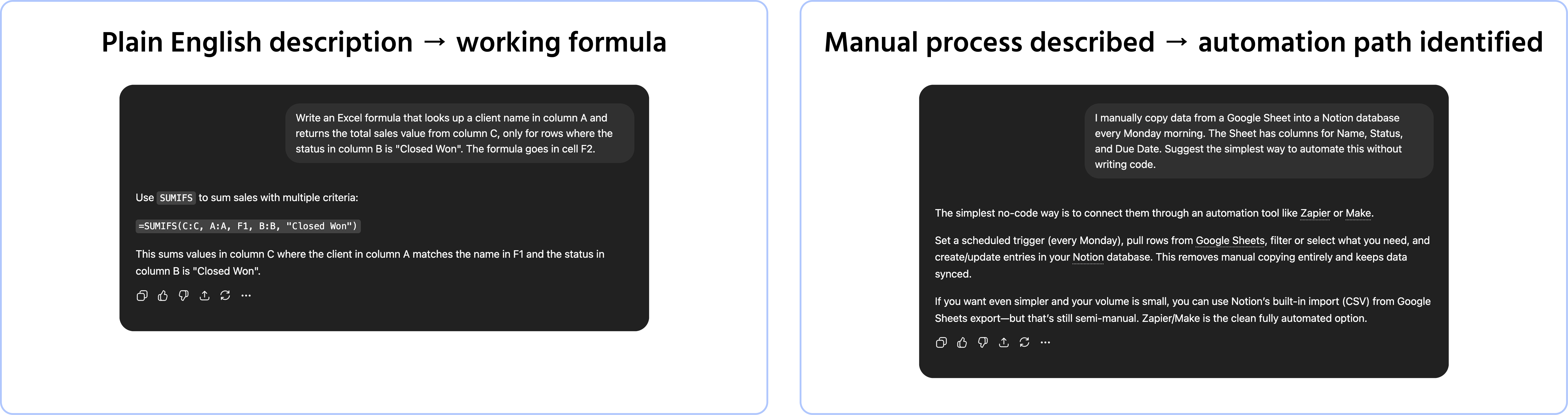 Screenshot description: A chat window showing two non-technical code prompts side by side (stacked vertically). Top exchange: user sends Write an Excel formula that looks up a client name in column A and returns the total sales value from column C, only for rows where the status in column B is "Closed Won". The formula goes in cell F2. → AI responds with a clean SUMIFS formula with a brief explanation of each argument. Labeled "Plain English description → working formula." Bottom exchange: user sends I manually copy data from a Google Sheet into a Notion database every Monday morning. The Sheet has columns for Name, Status, and Due Date. Suggest the simplest way to automate this without writing code. → AI responds with a clear, step-by-step Zapier or Make automation suggestion with the exact trigger and action to configure. Labeled "Manual process described → automation path identified."