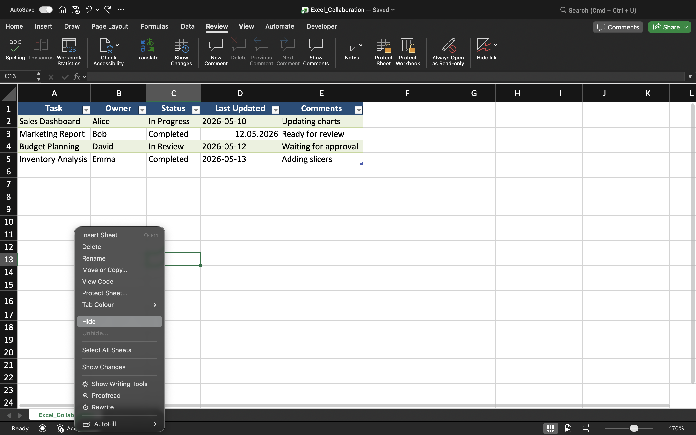 Hiding excel sheet