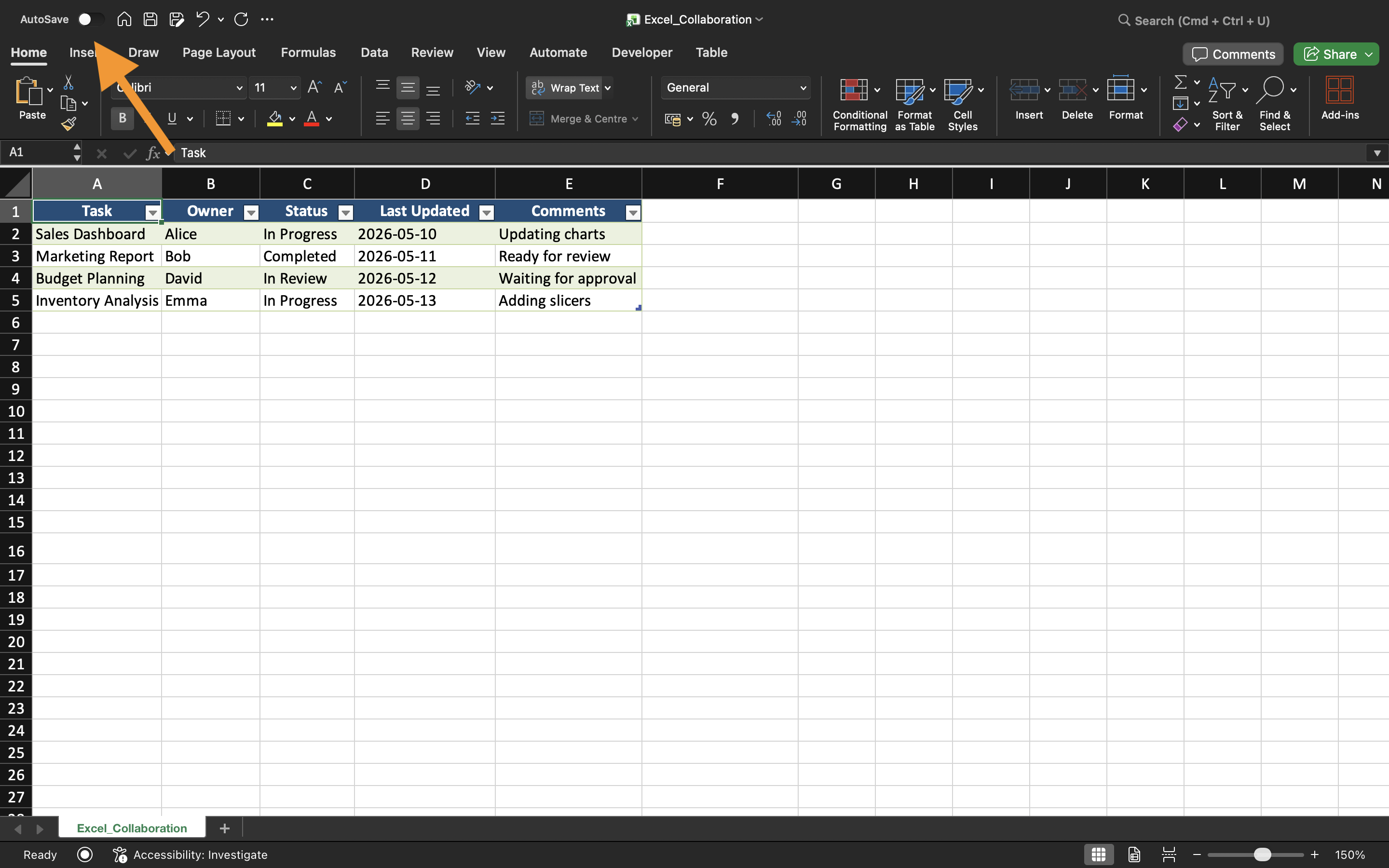 AutoSave toggle in Excel