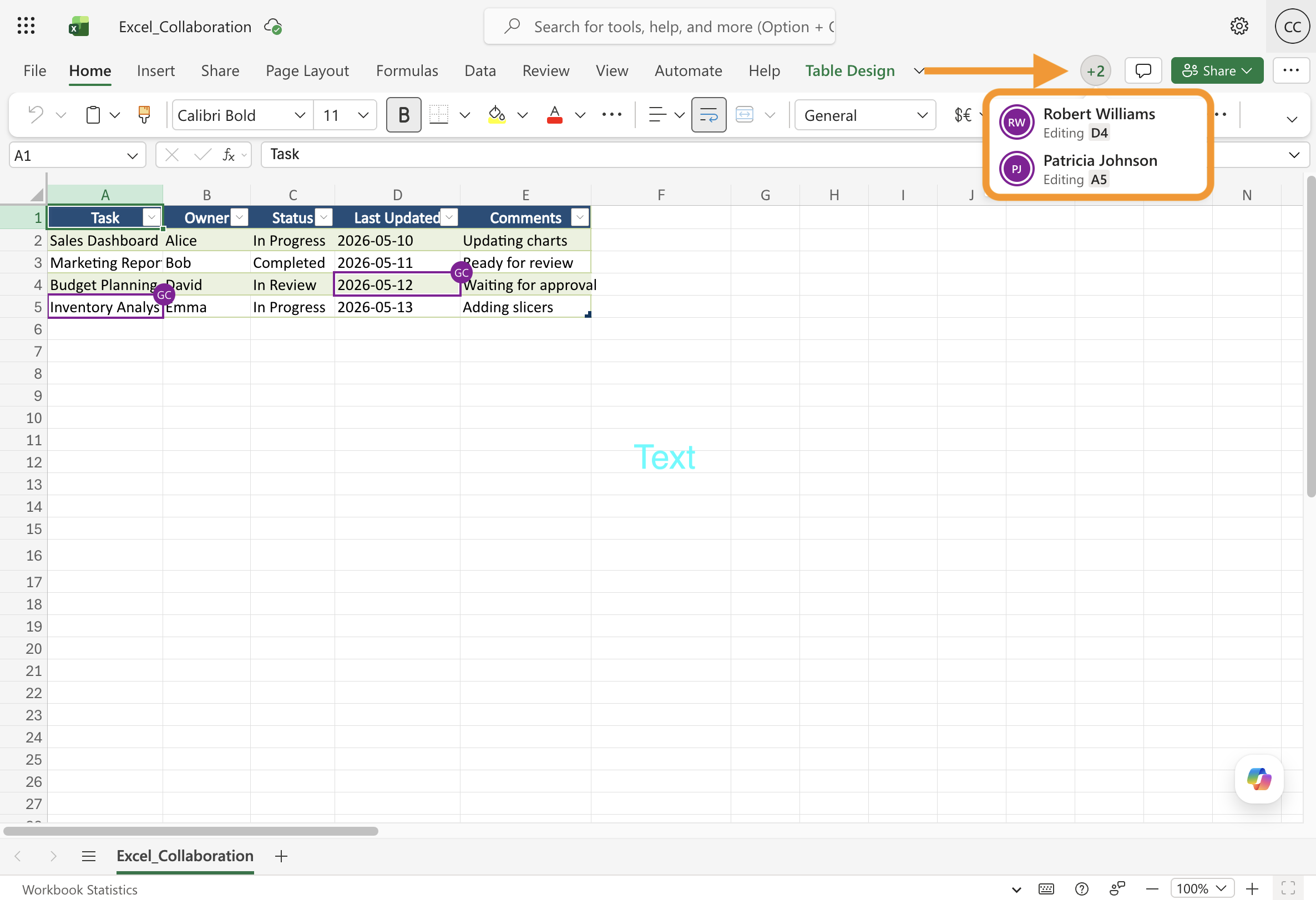 Shared workbook with collaborator icons visible