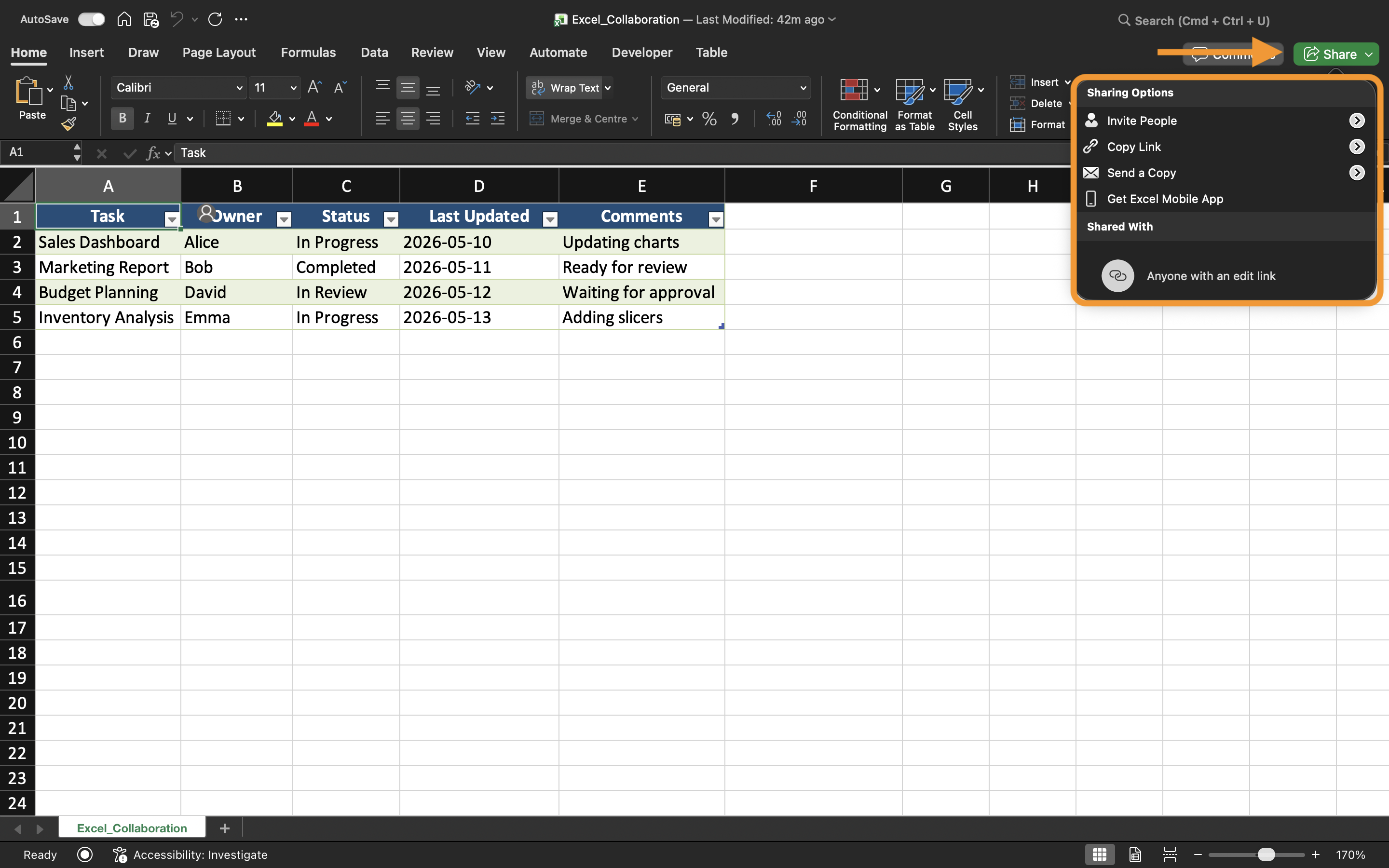 Share button in Excel